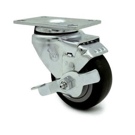 Service Caster 3 Inch Black Polyurethane Wheel Swivel Top Plate Caster with Brake SCC-20S314-PPUB-BLK-TLB-TP3